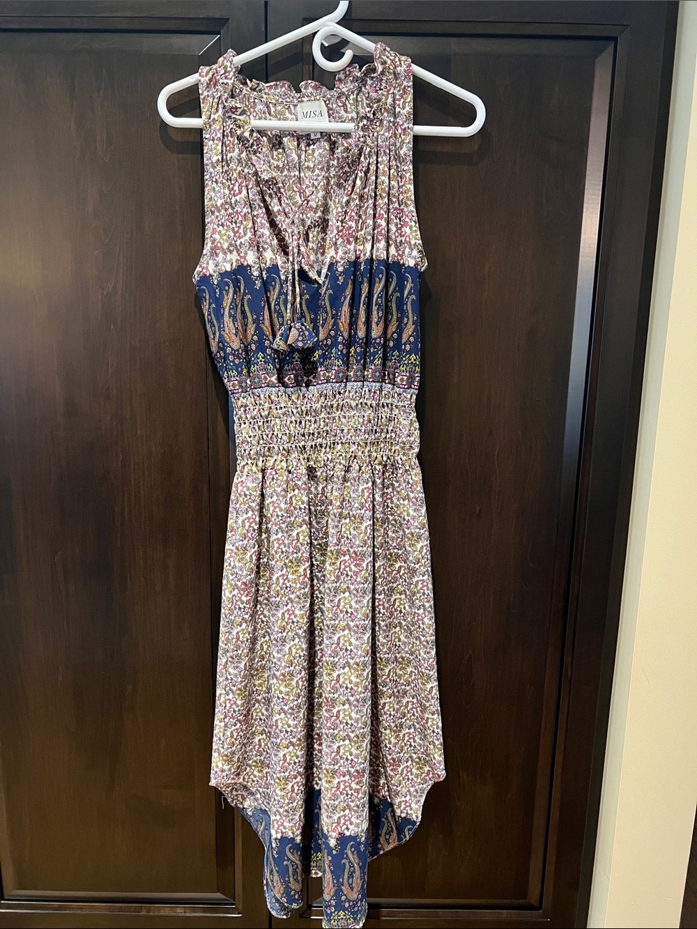 MISA Floral Sleeveless Tie-Neck Dress in Navy and Pink
